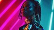 © SerPak - African female in futuristic neon lighting with braided hairstyle and reflective outfit.