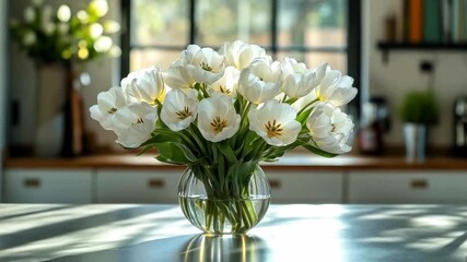 Poster - A beautiful arrangement of white tulips in a clear glass vase sits on a kitchen countertop, bringing warmth and comfort to the space. Sunlight filters through the windows, enhancing the spring vibe.