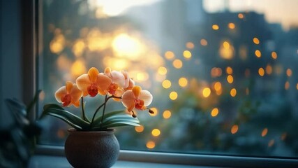 Wall Mural - A delicate orchid rests on the windowsill of a warm kitchen, showcasing vibrant blooms against a backdrop of gentle twilight. Soft, glowing lights create an inviting atmosphere.