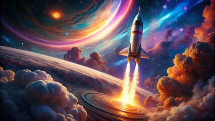 Wall Mural - cosmic voyage: rocket ascends through vibrant nebula and planetary rings - stock photo