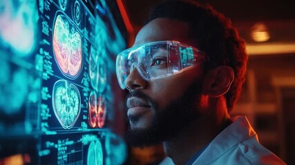 Fototapete - A scientist examines a detailed holographic display of brain scans in a modern laboratory. The advanced technology enables precise medical analysis and research on neurological conditions.