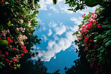 Wall Mural - Vibrant Floral Reflection on Tranquil Water Surface - A Serene Nature Scene