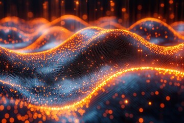 Wall Mural - vibrant wave patterns illuminated by glowing particles creating a futuristic landscape at dusk