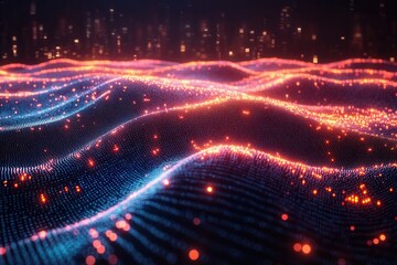 Wall Mural - dynamic waves of light flowing through a virtual landscape in a digital representation