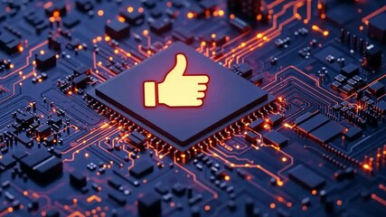 Wall Mural - this video showcases a detailed circuit board with a glowing hand symbol at its center. it represent