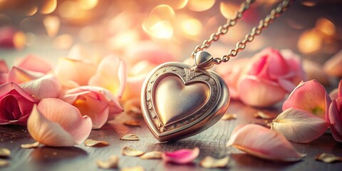 Wall Mural - Heart-Shaped Locket Surrounded by Rose Petals