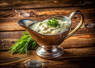 Wall Mural - Creamy Tartar Sauce in Vintage Gravy Boat on Rustic Wood