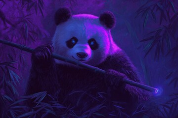 Wall Mural - A cheerful panda holding a glowing bamboo stick with bright, colorful pattern