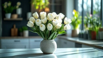 Poster - A bouquet of white tulips sits in a vase on the kitchen counter. Sunlight streams in through large windows, enhancing the fresh and cozy spring ambiance of the space.