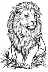 Wall Mural - A magnificent lion sits proudly on green grass, showcasing its strong features and thick mane, bathed in warm sunlight, embodying the essence of wildlife