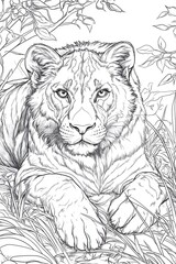 Wall Mural - A majestic tiger rests in tall grass, surrounded by leaves, showcasing its striking features and powerful presence during a serene moment in nature