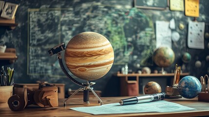 A clean astronomy class desk with a planet model, telescope, and charts
