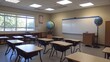 © adobestocker1 - A clean classroom setup with a globe, whiteboard, and rows of empty desks