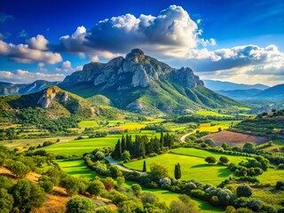 Wall Mural - Cyprus Mountain Landscape: Sunny Day, Majestic Peaks & Valley Panorama