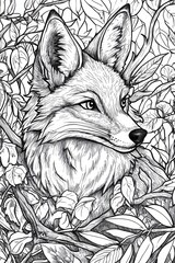 Wall Mural - A fox is nestled in a thicket of leaves and branches, showcasing its striking features and alert expression in a vibrant forest environment