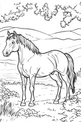 Wall Mural - A horse stands proud in a vibrant meadow, surrounded by greenery and rolling hills, embodying tranquility and the beauty of nature on a bright day