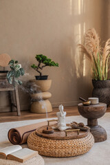 Wall Mural - Natural light casting artistic shadows on a bonsai tree and wooden decor. A perfect blend of nature and design.