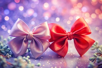 Wall Mural - Delicate Lavender & Coral Watercolor Ribbon Bows with Bokeh Background - Stock Photo