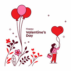 Wall Mural - A cheerful illustration of a girl holding a heart-shaped balloon, surrounded by flowers and other Valentine's Day decorations.