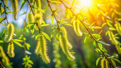 Wall Mural - Delicate Spring Willow Branch, New Growth, Sunlight, Nature Photography