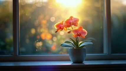 Poster - A vibrant orchid flourishes on a windowsill in a kitchen, soaking up warm sunlight. Soft light highlights the delicate petals, adding warmth and charm to the inviting atmosphere of the space.