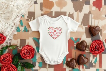 Wall Mural - Cute baby onesie with heart design, surrounded by chocolates and roses.