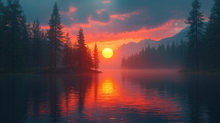 Wall Mural - Sunset over lake, misty mountains.