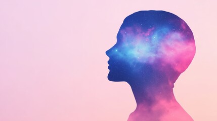 Wall Mural - surreal silhouette of human head filled with galaxy and stars on gradient background for dreamy and 
