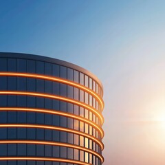 a modern building with curved lines, featuring illuminated edges, set against a clear blue sky durin