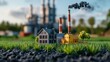 © khonkangrua - Miniature Factory and House Model with Smokestacks and Green Grass in Nature Environment