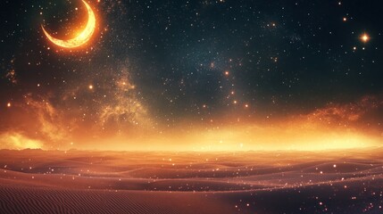 Wall Mural - dreamy ramadhan background with crescent moon and starry sky