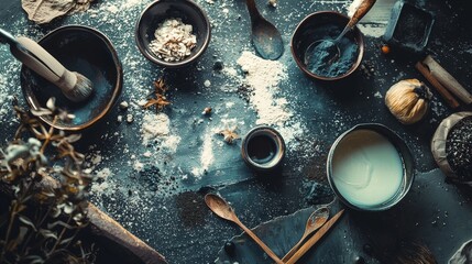 Wall Mural - Rustic kitchen setup with ingredients and utensils