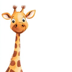 Poster - Cheerful illustrated giraffe with big eyes and a friendly smile on a bright white background. Generative AI