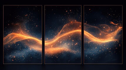 Sticker - Triptych abstract glowing light waves.