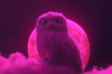a pastel-colored owl with big, sparkling eyes perched on a glowing moon