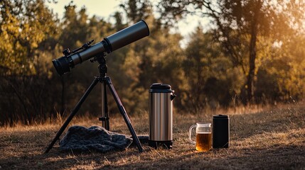 Wall Mural - a clean outdoor stargazing spot with a telescope and a thermos of tea