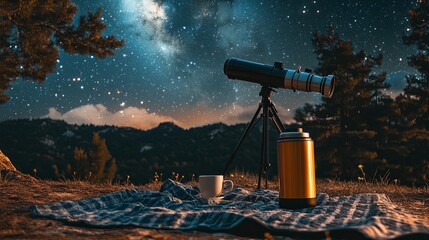 Wall Mural - a clean outdoor stargazing spot with a telescope and a thermos of tea