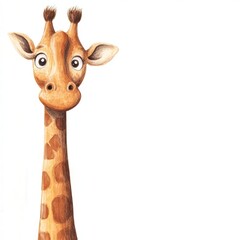 Poster - Playful illustrated giraffe with big eyes and cheerful expression in a colorful design set against a plain background. Generative AI