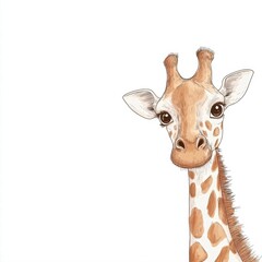 Poster - Cute illustrated giraffe with large eyes looking curiously towards viewers in a bright and minimalistic setting. Generative AI