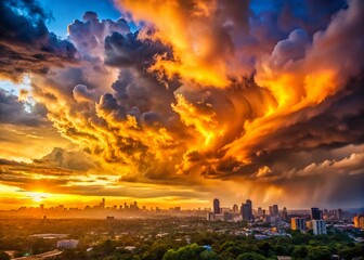 Wall Mural - Dramatic Sunset Storm Clouds Over Cityscape - Copy Space Left