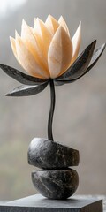 Wall Mural - Stone Strawflower flower in vase, premium floral wallpaper, black and pink marble texture, abstract sculpture