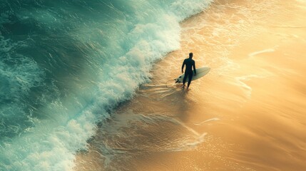 Poster - Surfer walks in ocean waves.