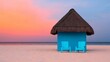 © TBC - Serene beach hut with two chairs at sunset.