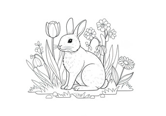 Coloring Page of a Rabbit Amidst Spring Flowers: Tulips, Daisies, and More. Easter card