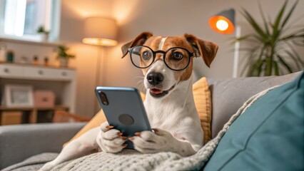 Dog Using Smartphone on Couch, Close-up, Cozy Home, Pet Technology Dog, Smart Phone