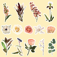 Wall Mural - Set of roses, herbs and garden flowers elements. Set of stickers, pins, patches and handwritten notes collection stikers kit.