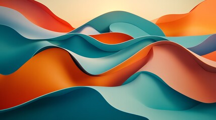 Wall Mural - Abstract Wavy Forms in Teal Orange and Peach Hues