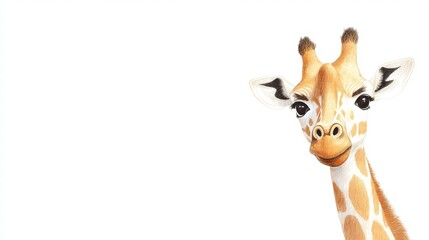 Poster - Friendly giraffe looking curiously to the right in an illustrated style with a simple white background. Generative AI
