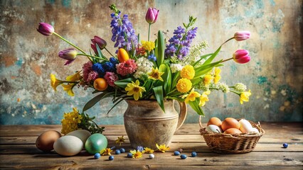 Wall Mural - Easter Floral Still Life:  Rustic Decor & Spring Blossoms - Perfect for Holiday Cards