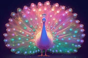 Wall Mural - A plump cartoon peacock with a shimmering, glowing tail of pastel feathers.